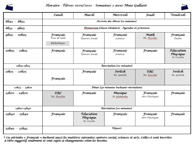 Horaire 2020-2021 - Semaine avec Mme Gallant - Gr. 42