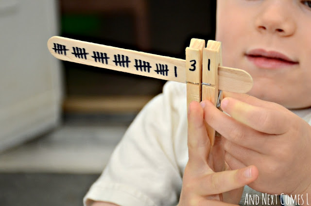 Closeup of tally marks activity and busy bag idea for kids