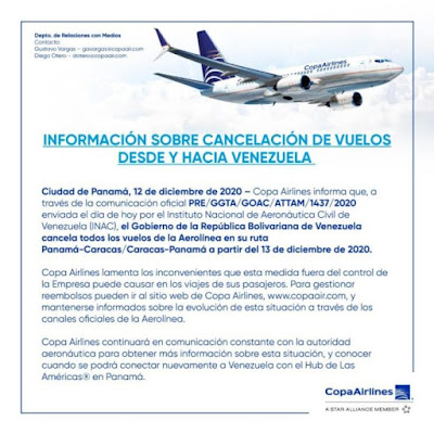 Vuelos aéreos entre Venezuela y Panamá han sido suspendidos a partir del 13 de diciembre 2020