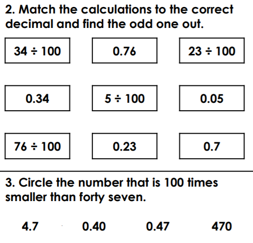 Year 4: Divide 1 or 2-digit by 100