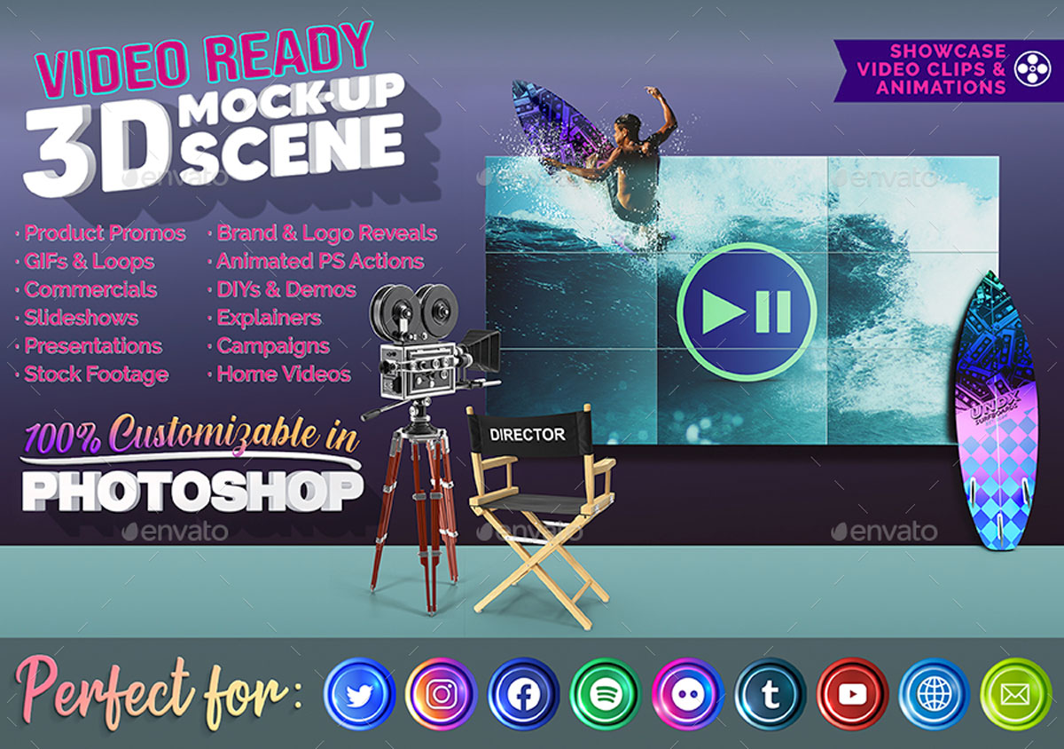 3D Animated Surfboard and HD Display Mock-Up Scene Template 27056336 2 3D Animated Surfboard and HD Display Mock Up Scene Template 270563