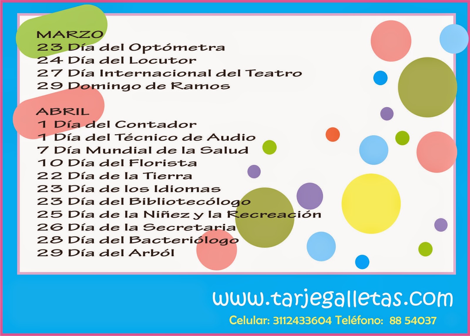TARJEGALLETAS Fechas especiales, para no olvidar Marzo de 2015 y Abril