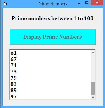 How to find prime numbers between 1 to 100 in visual basic 6.0