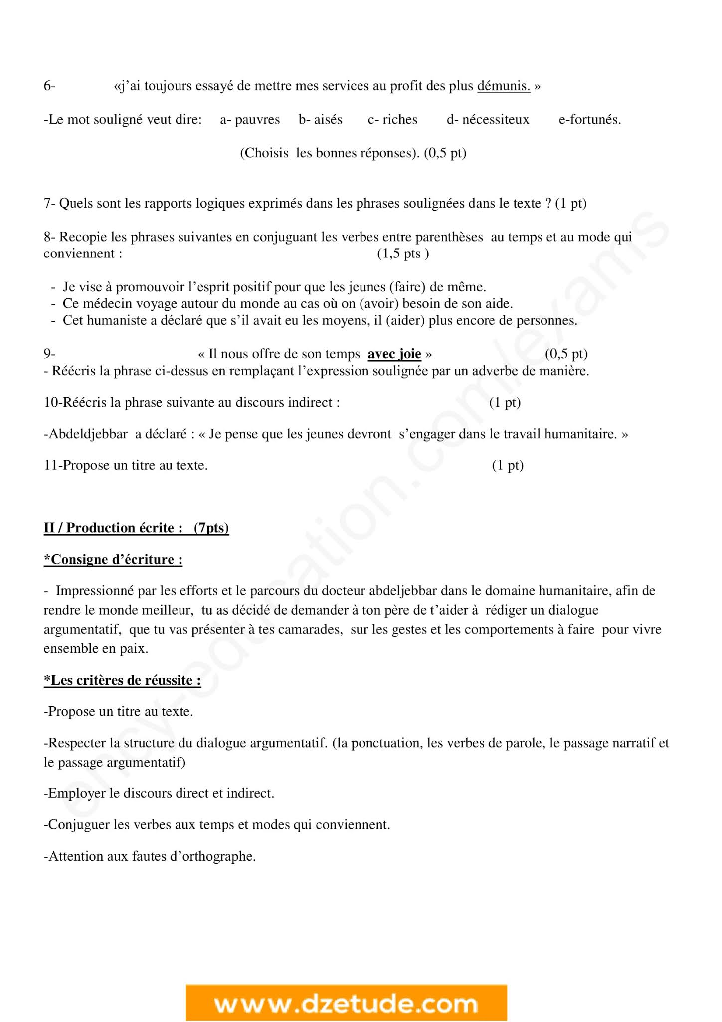 إختبار اللغة الفرنسية الفصل الثاني للسنة الرابعة متوسط - الجيل الثاني نموذج 2