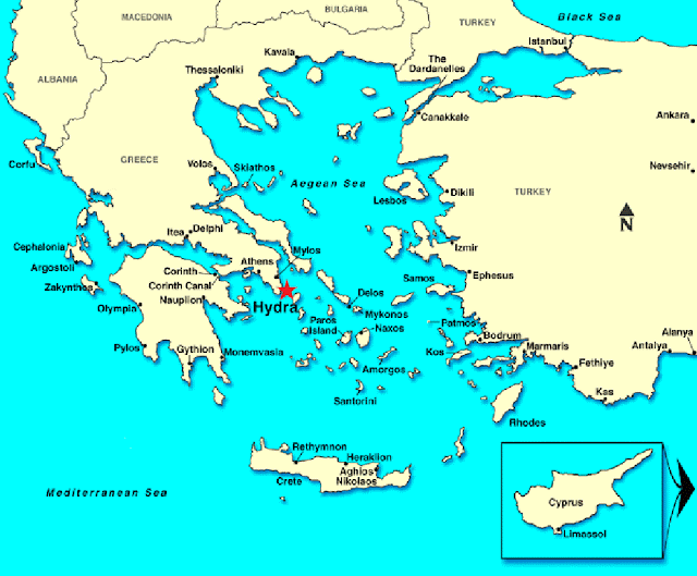 Mapa de localização da Ilha de Hidra - Grécia