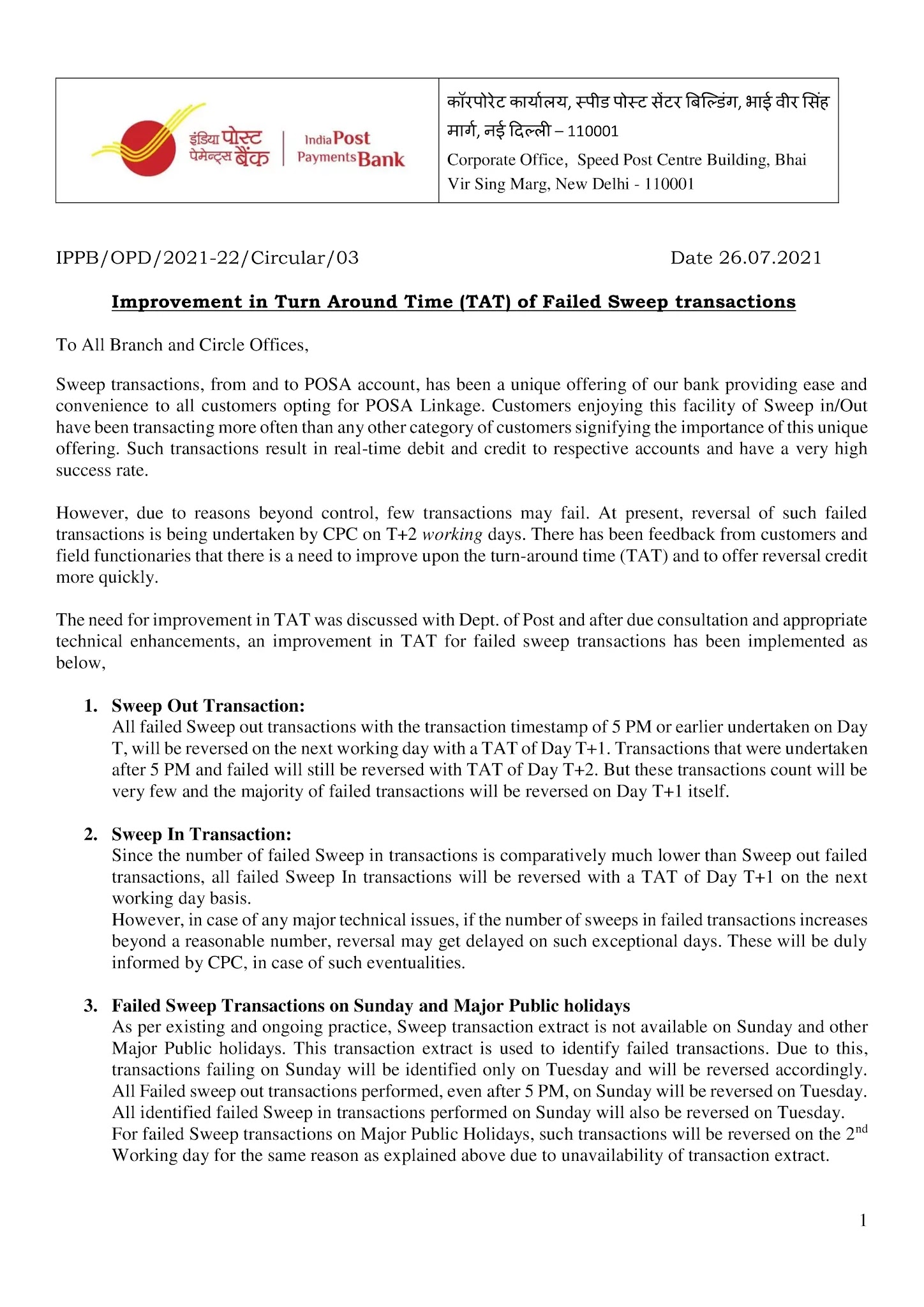IPPB Turn Around Time (TAT) of Failed Sweep transactions Post Office