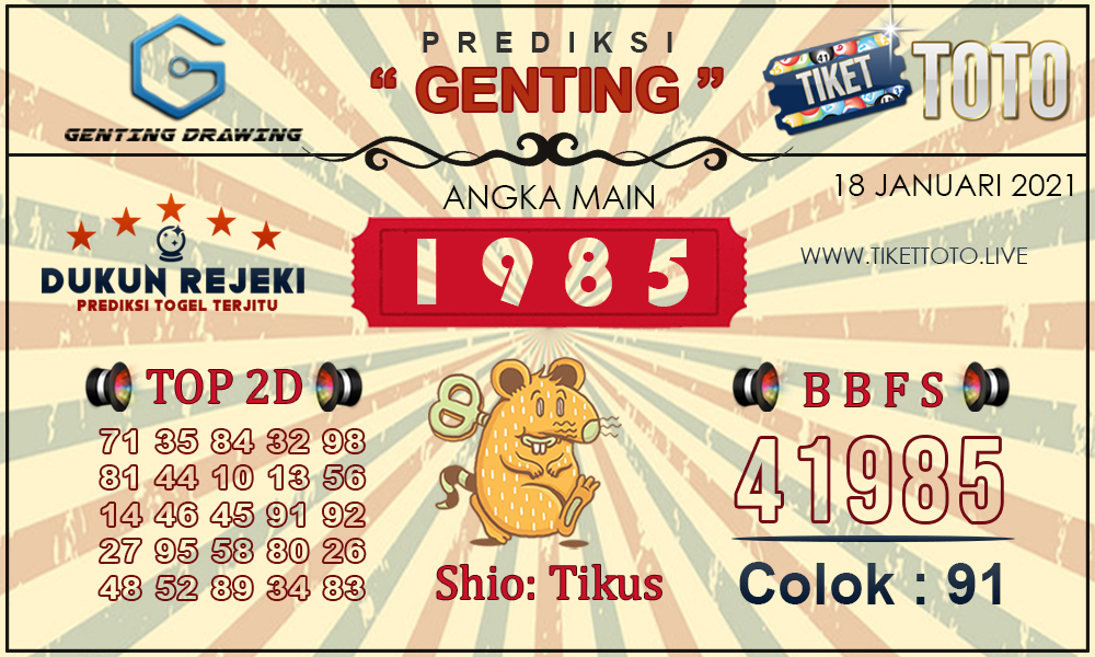 Prediksi Togel GENTING DRAWING TIKETTOTO 18 JANUARI 2021