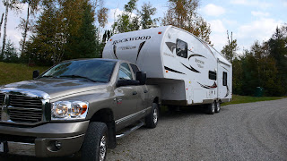 Our truck and fifth wheel trailer at a rest stop