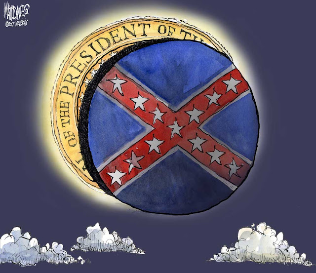 Moon bearing the Stars and Bars eclipses sun bearing U. S. Presidential Seal.