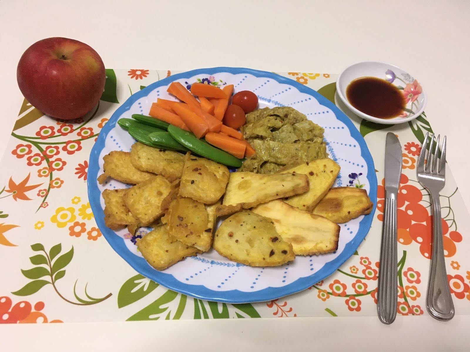 Dinner idea Tempura Sweet Potato, Tempura Tofu, Omelette, and Veggies