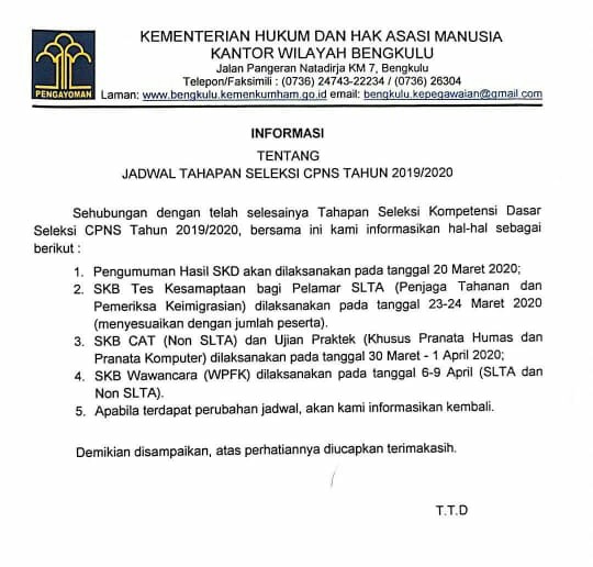 Pengumuman Hasil SKD CPNS KEMENKUMHAM JAWA BARAT Formasi