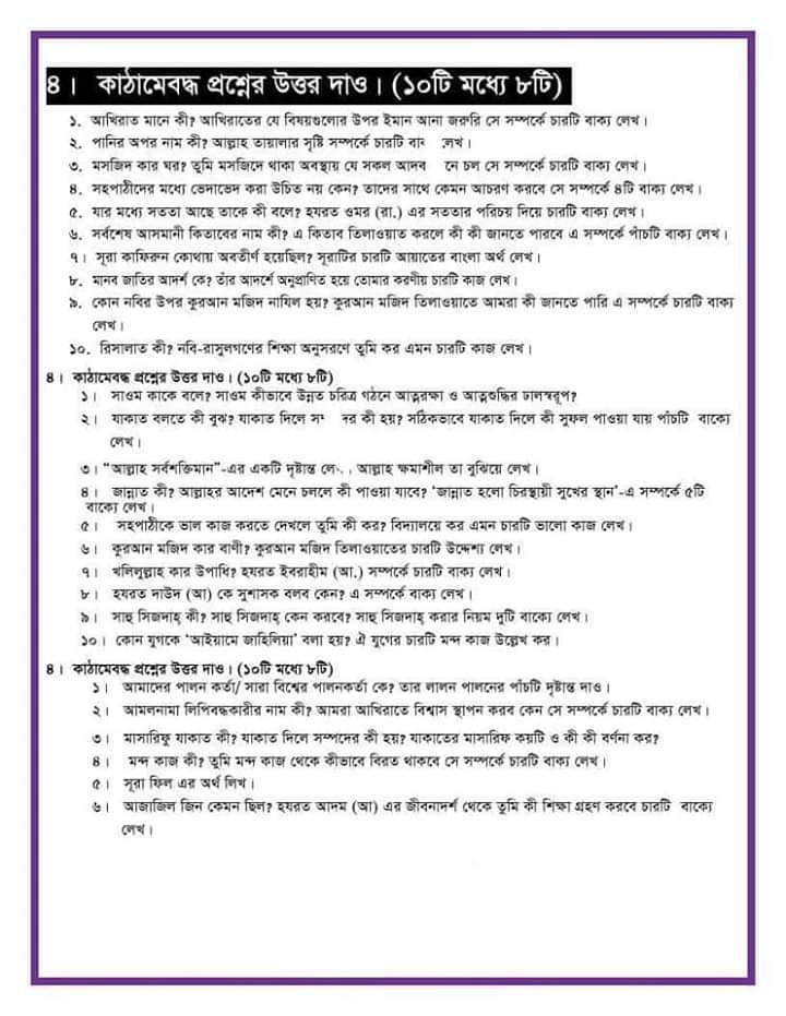 প্রাথমিক বৃত্তি পরীক্ষার ইসলাম ও নৈতিক শিক্ষা সাজেশন ২০২২