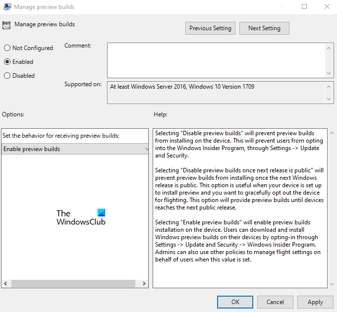 Disabilita le impostazioni del programma Windows Insider in Windows 10