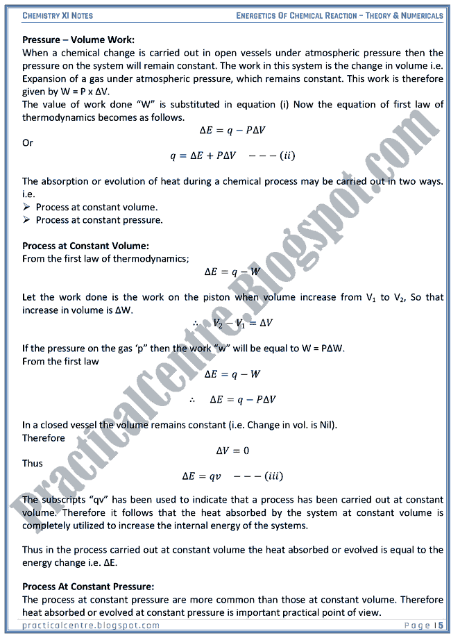 Energetics Of Chemical Reaction - Theory And Numericals (Examples And Problems) - Chemistry XI