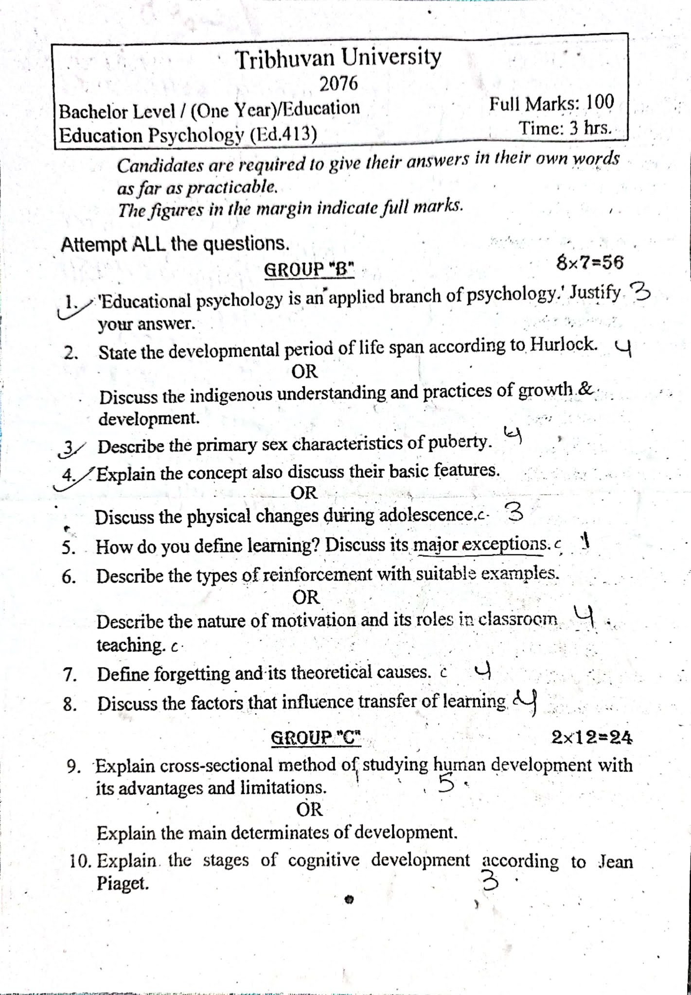 Old Question TU One Year B.Ed 2076 BS Education Psychology Ed.413