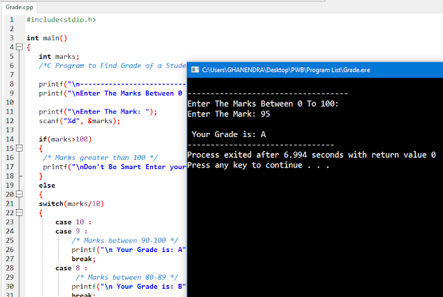 C Program to Find Grade of a Student Using Switch Case Output