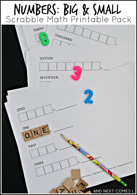 Numbers themed Scrabble math printable pack for kids to practice spelling and math from And Next Comes L