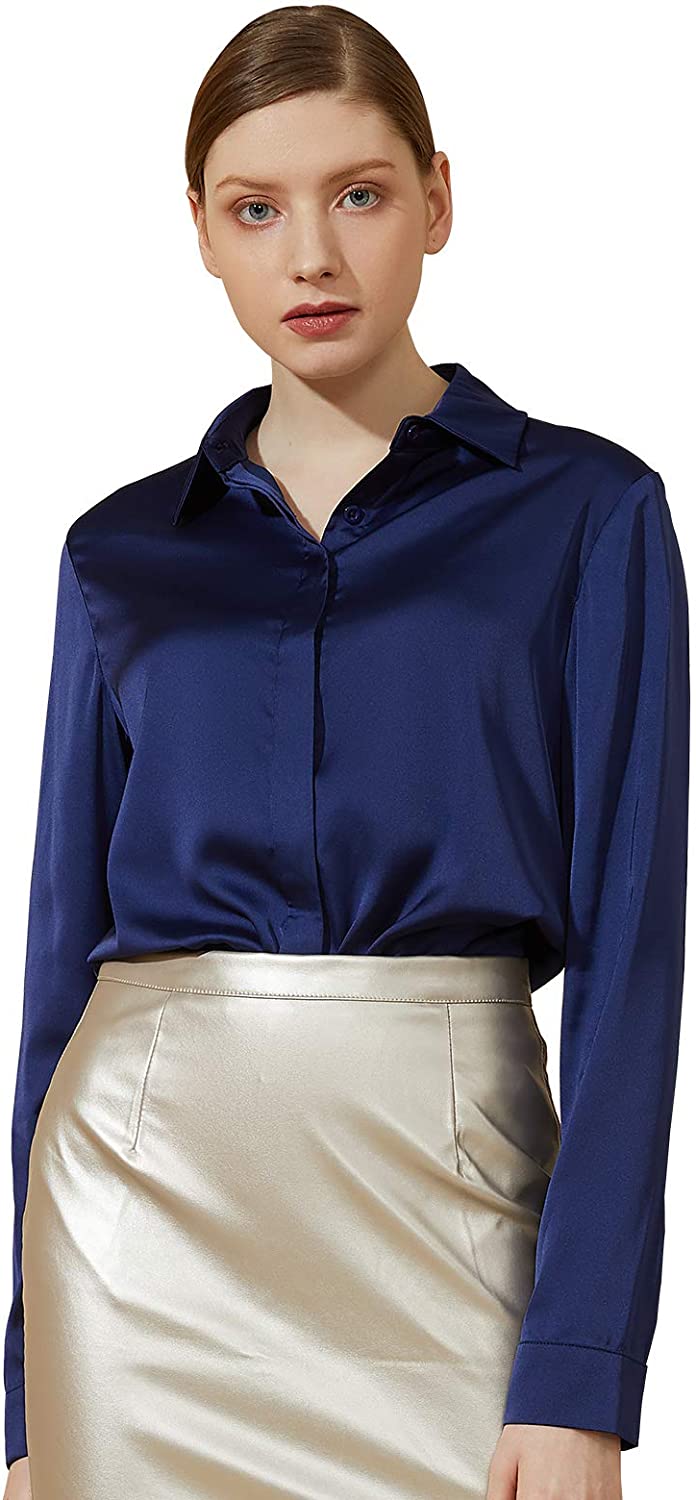 Women Simulate Silk Satin Shirt Long Sleeve Business Formal Shiny Blouse Tops Elegant 