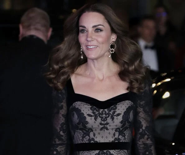 Kate Middleton wore Alexander McQueen lace gown, Jewelery Erdem floral hoop drop earring, Jimmy Choo celeste clutch