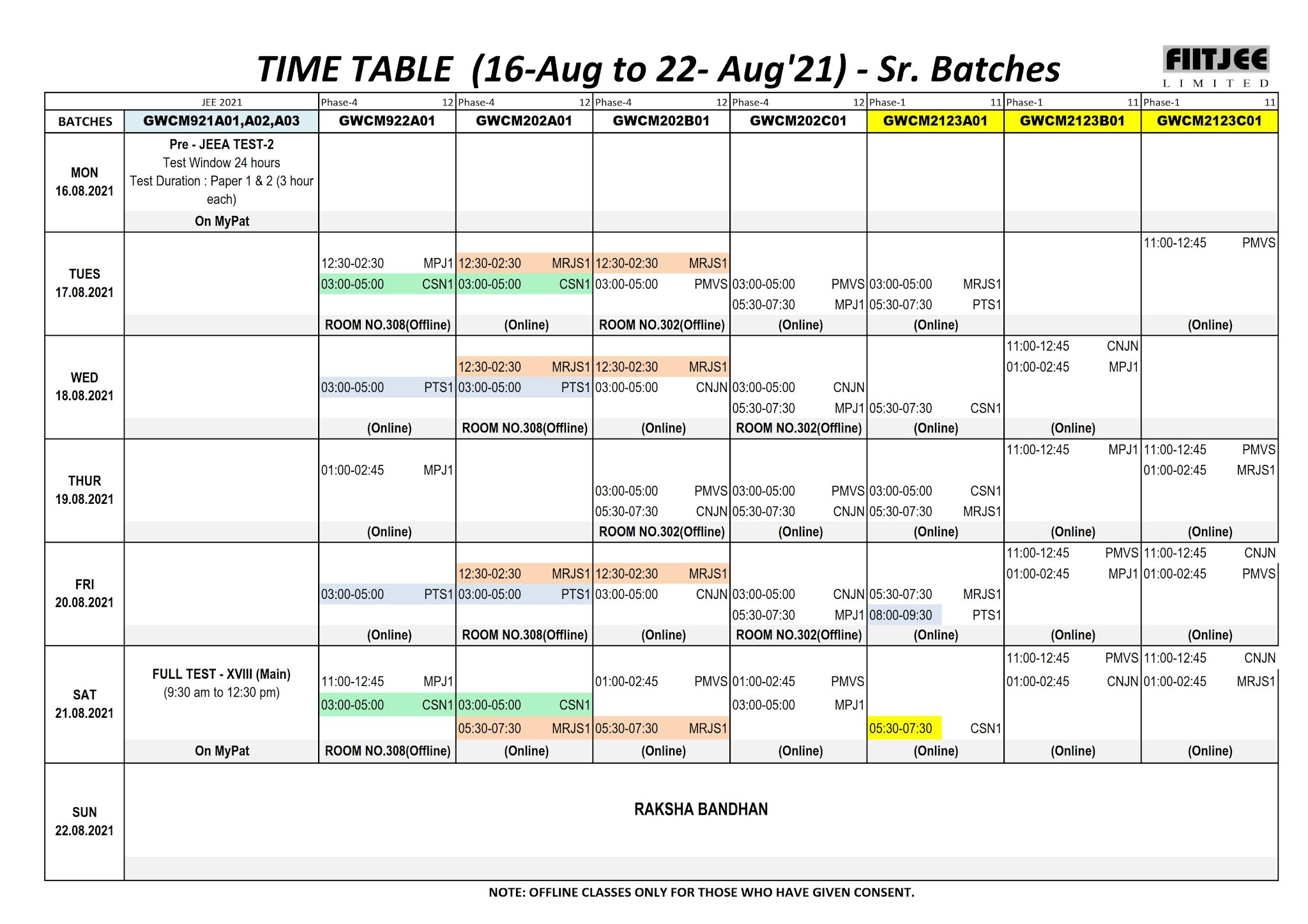 TIME TABLE (16Aug to 22Aug'21) FIITJEE Limited For IITJEE
