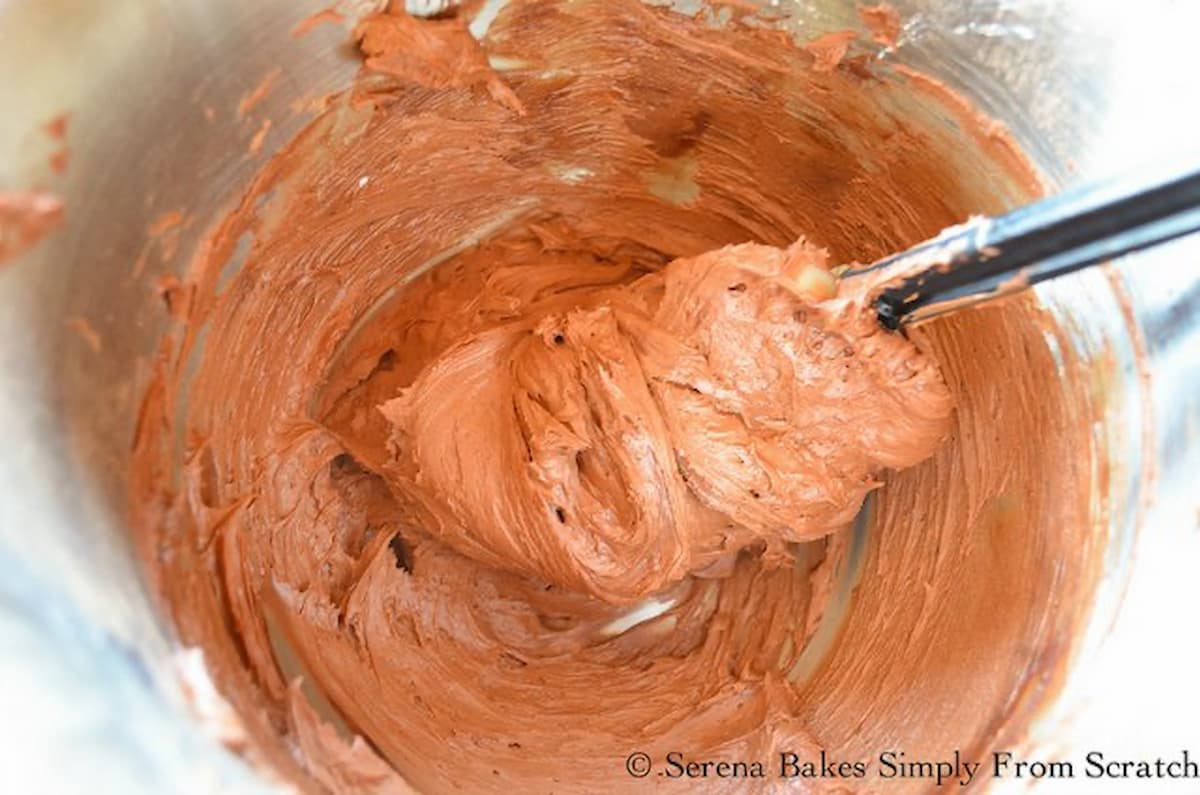 Mocha Buttercream Frosting in a mixing bowl.