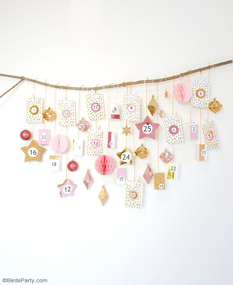 Pink & Copper DIY Advent Calendar - learn to craft this easy and super pretty hanging calendar to decorate and embellish your home for Christmas! by BirdsParty;com @birdsparty #diy #adventcalendar #diyadventcalendar #crafts #christmascrafts #christmasadventcalendar