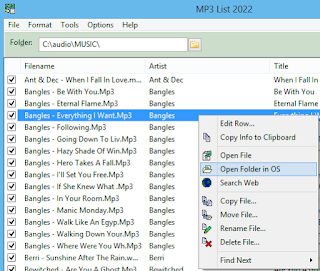 Menu of options when right clicking an audio file in MP3 List