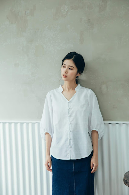 復刻-格子描圖紙 V領寬口袖襯衫