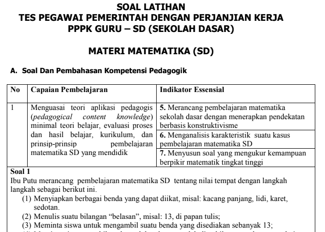 Soal Tes Latihan Seleksi Guru Pppk Materi Matematika Untuk Sd Blog Pendidikan