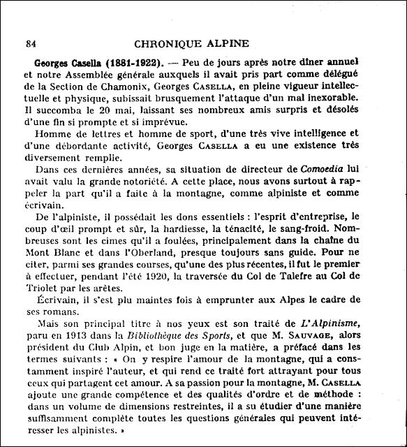 Mort de Georges Casella, nécrologie du CAF, 1922