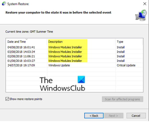 Windowsモジュールインストーラー-システムの復元ポイントが失敗する