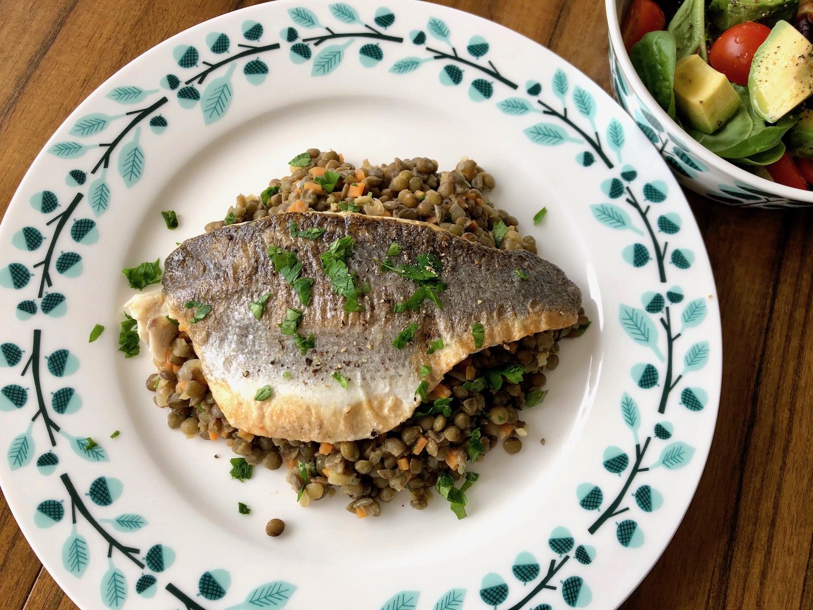 PanSeared Sea Bass with Warm Green Lentil Salad