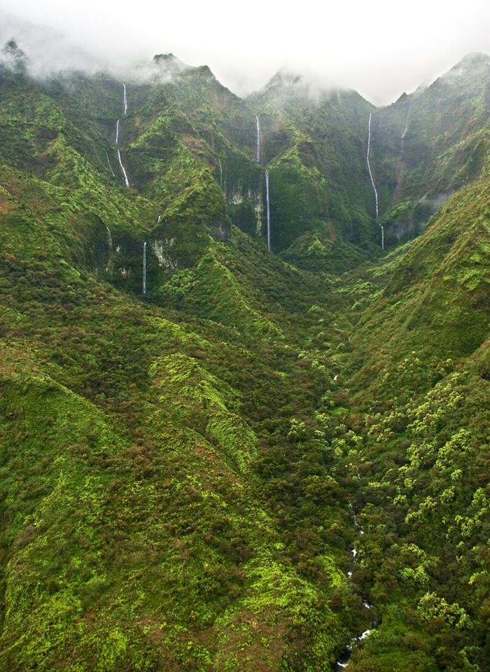 Mount Waialeale (or Wai'ale'ale) is a volcanic crater and the second highest point on the island of Kauai in the Hawaiian Islands. In the Hawaiian language, Wai'ale'ale means “rippling water” or “overflowing water.” Averaging more than 452 inches (11,500 mm) of rain a year since 1912, with a record 683 inches (17,300 mm) in 1982, its summit is one of the wettest spots on earth. As this rainwater makes its way down the 5,148-feet tall peak, they form innumerable streams. One spot on Mt. Waialeale is called the “Wall of Tears” because there are so many waterfalls plummeting down the deep, tropical green sides of the mountain that it looks as if it is crying.