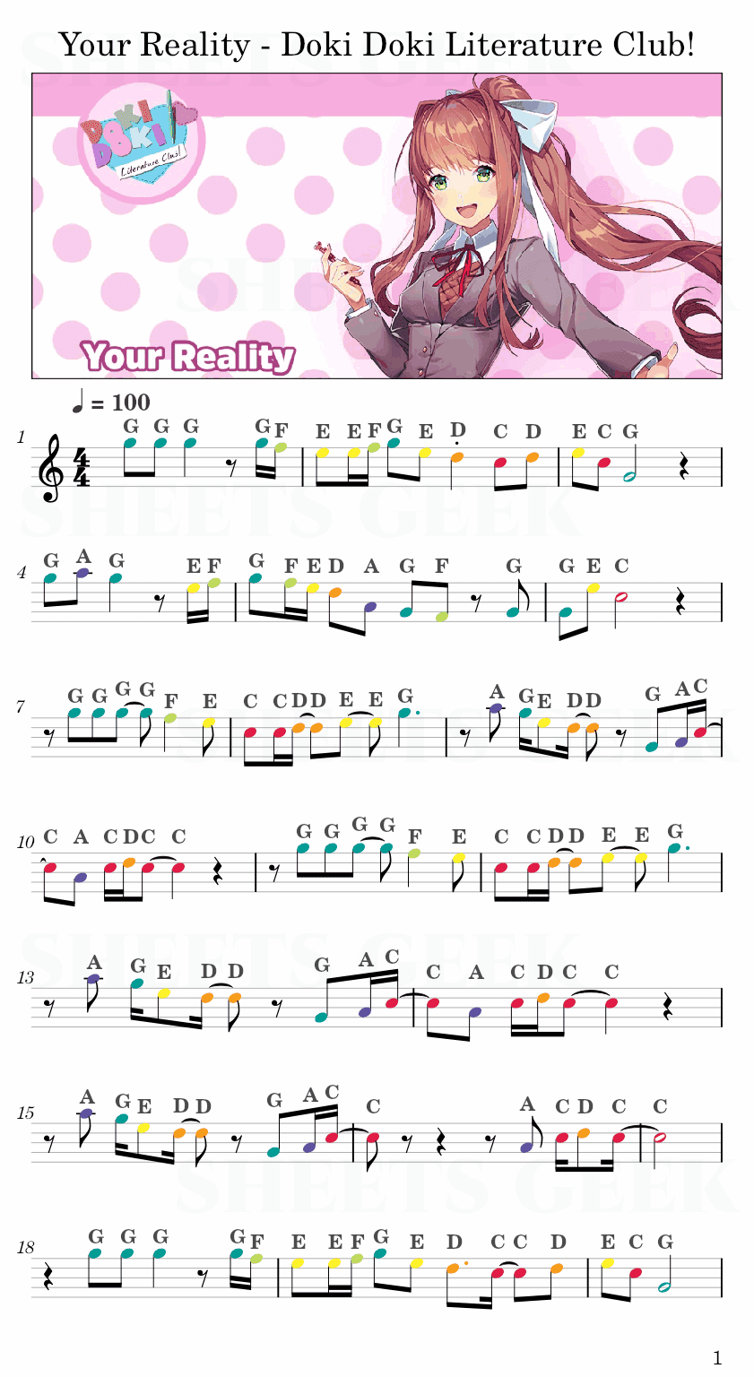 Your Reality - Doki Doki Literature Club! Easy Sheets Music Free for piano, keyboard, flute, violin, sax, celllo 1