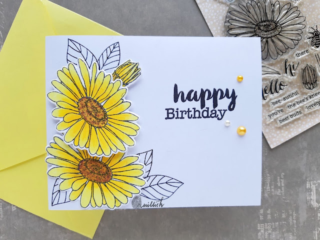 Hero Arts, Quillish, floral card, Birthday card,Cards by Ishani, Monochromatic card, Copic markers, Yellow daisy card, Monochromatic card, Hero arts Daisy and bugs stamp and cut, Hero arts Stamp and cut