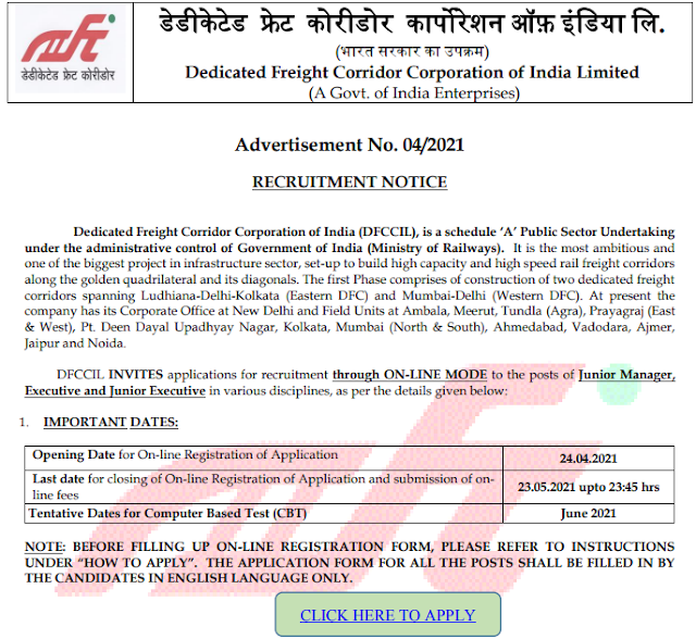 DFCCIL Junior Executive Recruitment 2021 DFCCIL 1074 Jr. Executive