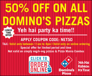 50% off on all pizzas (including regular pizza) at Domino's.com [3rd to 9th June - 11am to 4pm]