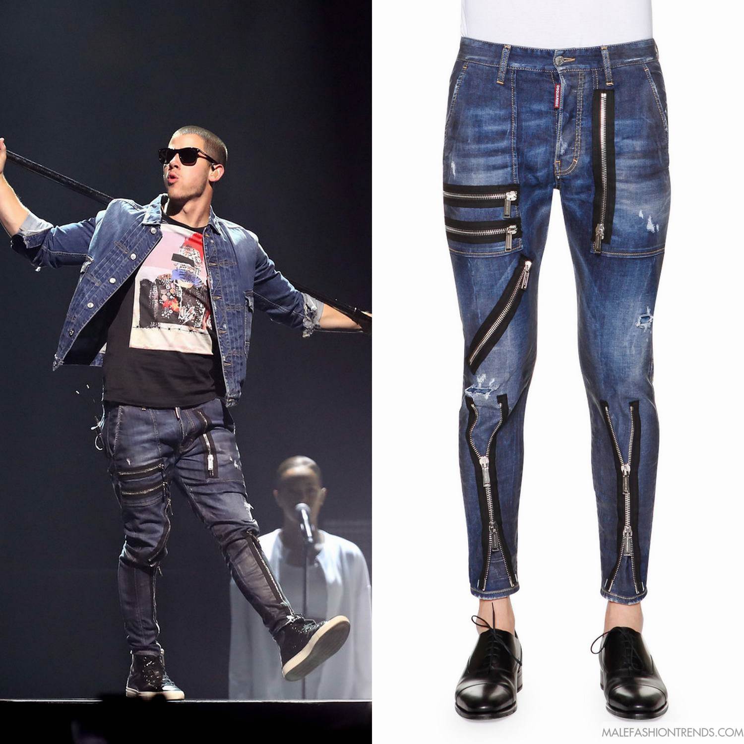 Nick Jonas y sus ZipperTrim SlimFit Denim Jeans de Dsquared2