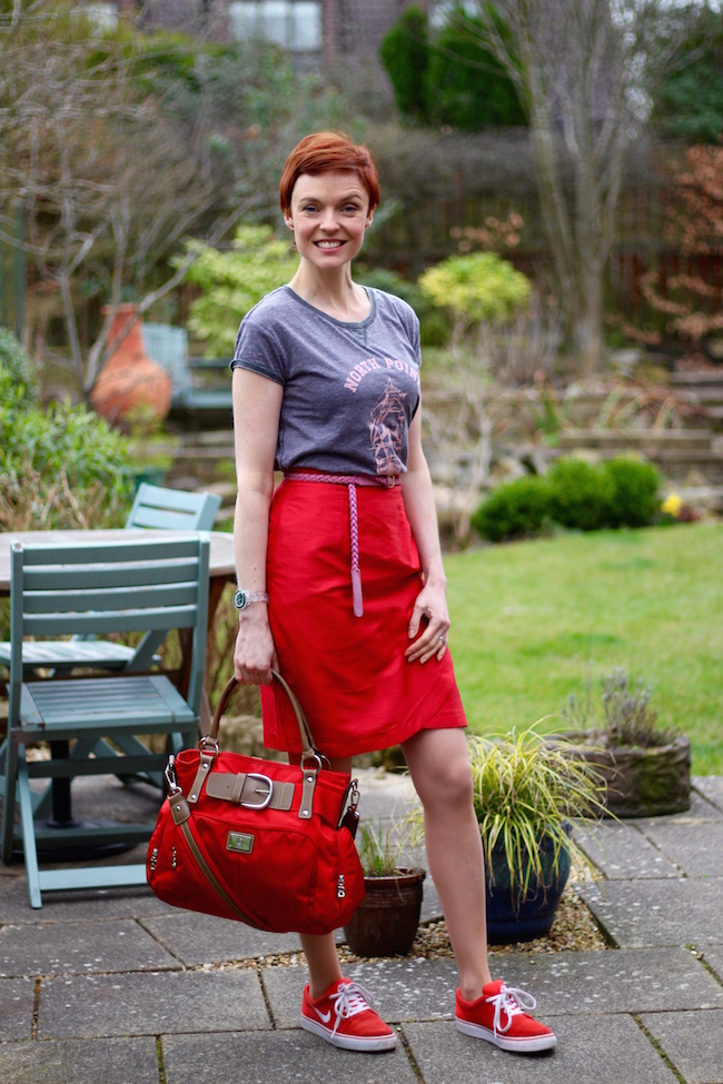 Fake Fabulous | Feeling Rubbish? Red silk skirt, trainers & a T-shirt.