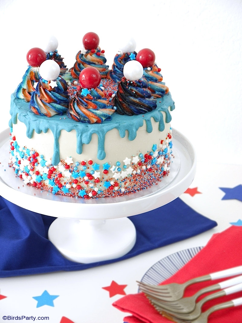 Red, White and Blue 4th of July Layer Cake - a true showstopper layer drip cake with vanilla sponge covered in delicious American buttercream! by BirdsParty.com @birdsparty #cake #layercake #dripcake #4thjuly #layereddesserts #redwhitebluecake #redwhiteblue