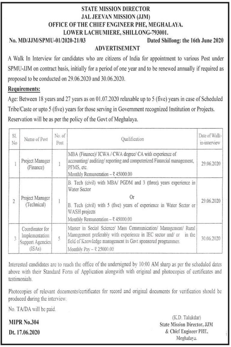 PHE, Meghalaya Recruitment 2020 Apply 08 PM/ISAs/District CoOrdinator