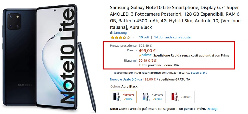 Offerta : Samsung Galaxy Note 10 Lite venduto e spedito da  a  499 euro