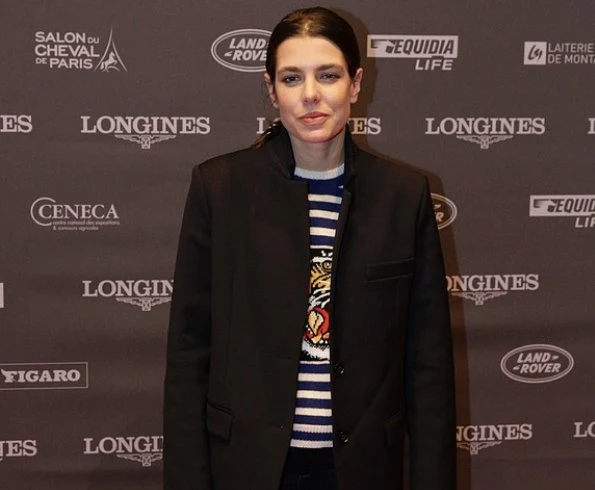 Charlotte Casiraghi wore Gucci Blazer, Gucci sweater and Gucci jeans for Longines Masters event in Villepinte, Paris.