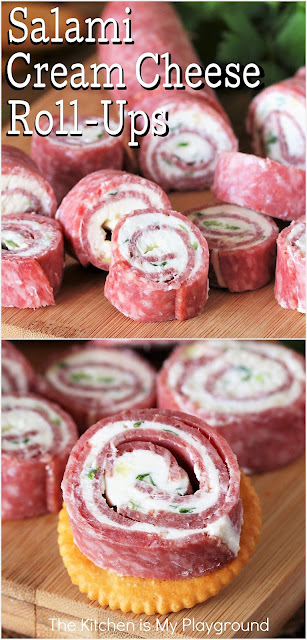 Quick & Easy Salami Cream Cheese Roll-Ups ~ Whip up a platter of these quick & easy roll-ups with just 3 simple ingredients and about 10 minutes of prep. Serve alone as bites, or as a topping on crackers.  Either way, they're one super-easy, super tasty party bite!  www.thekitchenismyplayground.com