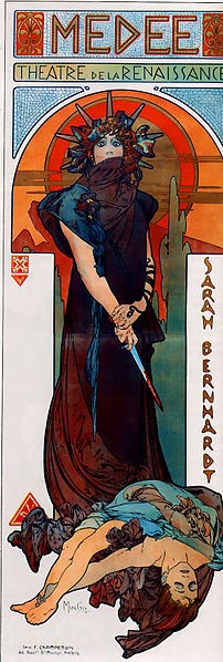 long, narrow, brightly-colored theater poster in art deco style; a woman with a tiara and a partially-covered face stands at center, dagger in hand, with a dead woman lying at her feet. Words at the top read "Medee" and "Theatre de la Renaissance"; the name "Sarah Bernhardt" is written vertically down the right side