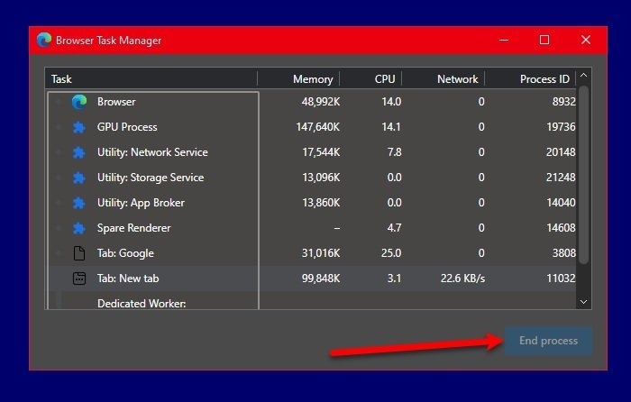 Microsoft Edge의 브라우저 작업 관리자에서 종료 프로세스 비활성화