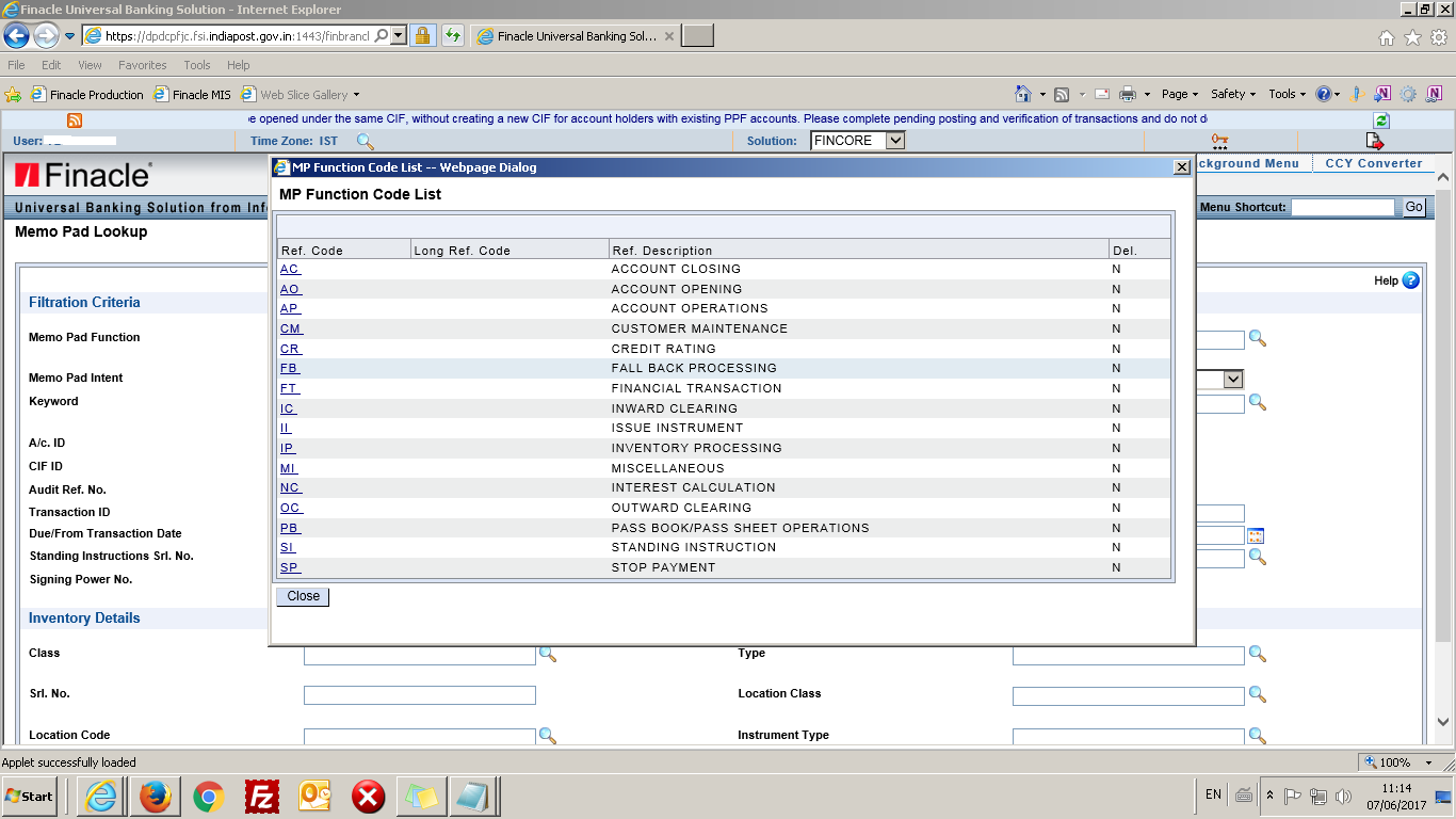 CPC MEMO PAD in DOP Finacle and its Usage