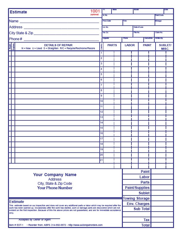 Body Shop Estimate Template Invoice Template Body Shop Estimate Template Invoice Template