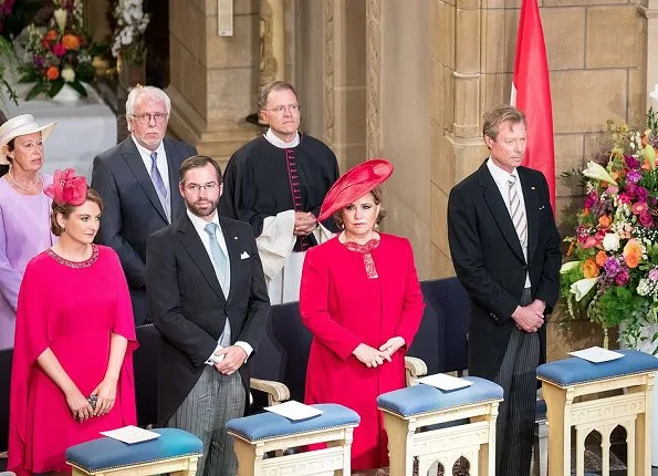 Grand Duchess Maria Teresa, Princess Stephanie wore Alexander McQueen Fuchsia Cape-back Crepe Midi Dress at National Day