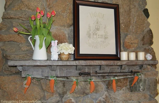 Orange Tulle Easter Carrot Garland Hanging On Fireplace Mantel